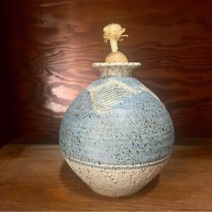 Artisan studio pottery oil lamp signed, vintage 1970s by T.K. Seelos